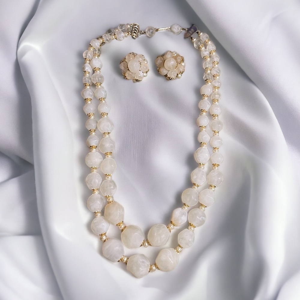 Vintage White Beaded Necklace and Earring Set